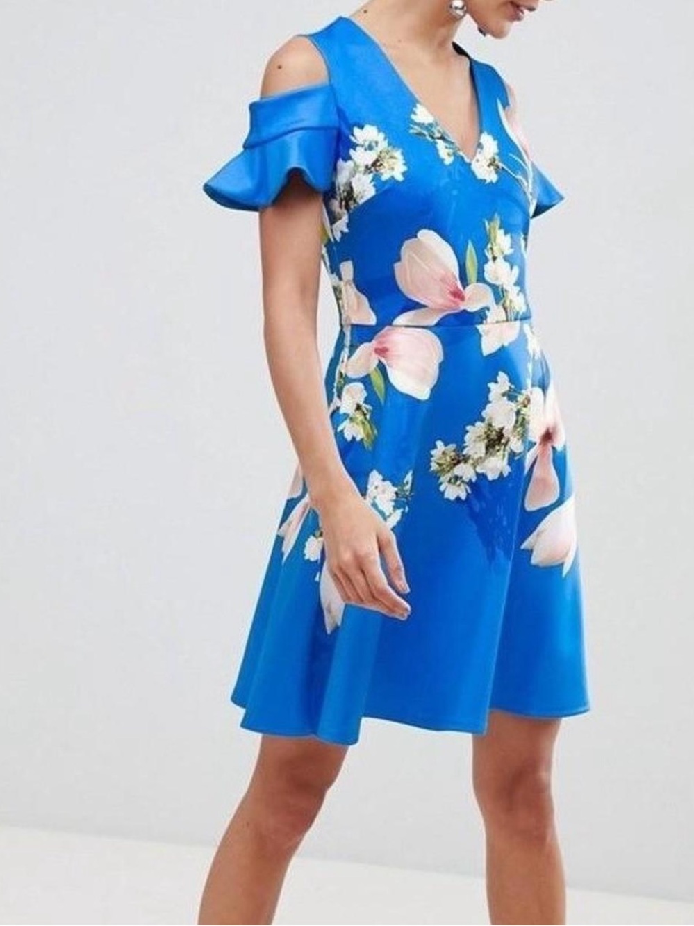 Ted Baker Ambre Harmony Cold Shoulder Dress, a bright blue skater-style dress fe